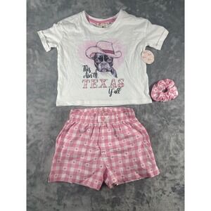 Messy Bun Just Chillin Girls Pajama Set White Texas Dog Tee Gingham Shorts 6 NWT
